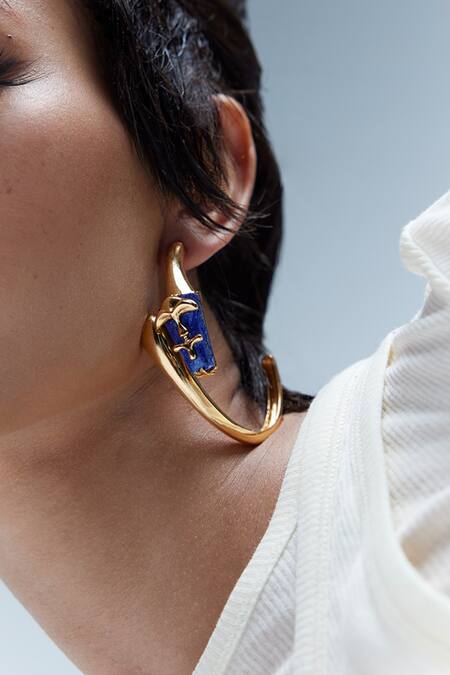 Shop Outhouse Gold Plated Lace, Stones The Lazuli Sculpt Hoop Earrings Shop_Outhouse_Gold Plated Lace, Stones The Lazuli Sculpt Hoop Earrings