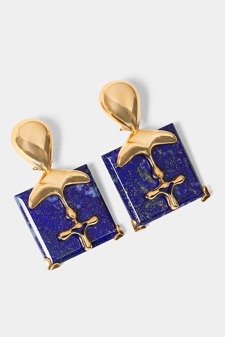 Outhouse_Gold Plated Lace, Stones The Xl Lazuli Sculpt Earrings _Online_at_Aza_Fashions