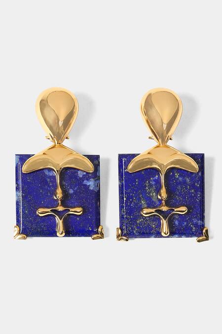 Buy_Outhouse_Gold Plated Lace, Stones The Xl Lazuli Sculpt Earrings _Online_at_Aza_Fashions
