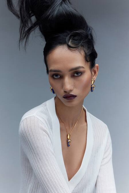 Shop Outhouse Gold Plated Lace, Stones The Lazuli Sculpt Earrings Online at Aza Fashions Shop_Outhouse_Gold Plated Lace, Stones The Lazuli Sculpt Earrings _Online_at_Aza_Fashions