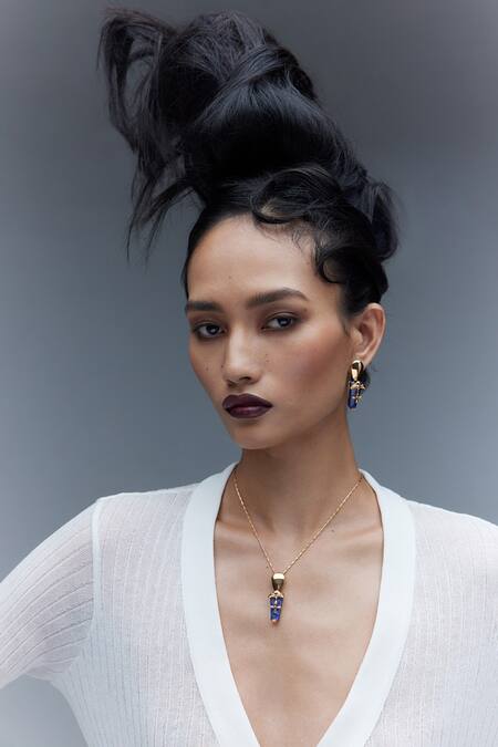 Shop Outhouse Gold Plated Lace, Stones The Lazuli Sculpt Earrings Shop_Outhouse_Gold Plated Lace, Stones The Lazuli Sculpt Earrings