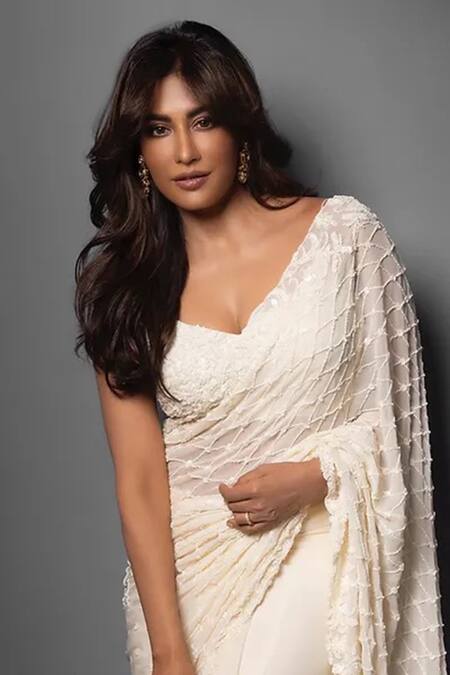 Premya By Manishii_White Georgette, Tulle Sequins, Checkered Jaal Embroidered Saree With Blouse _Online_at_Aza_Fashions