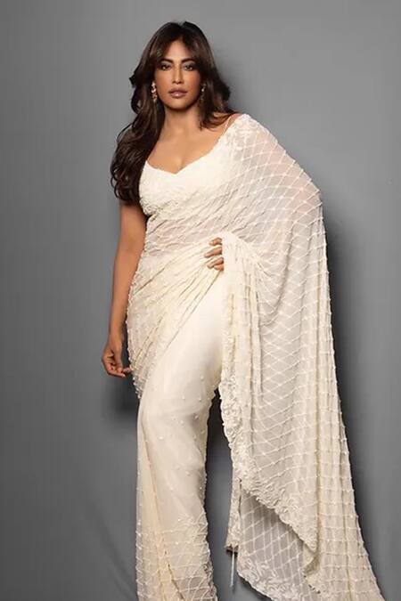 Shop_Premya By Manishii_White Georgette, Tulle Sequins, Checkered Jaal Embroidered Saree With Blouse _Online_at_Aza_Fashions