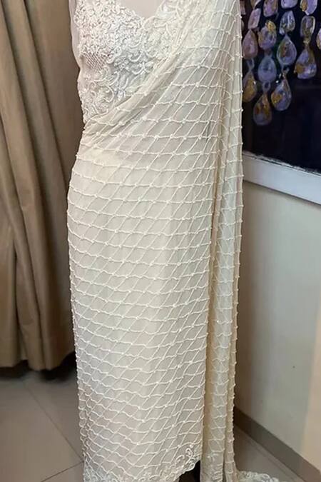 Premya By Manishii_White Georgette, Tulle Sequins, Checkered Jaal Embroidered Saree With Blouse _at_Aza_Fashions