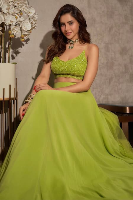Buy_Premya By Manishii_Green Tulle, Georgette Sequins, Beads, Cut Work Embroidered Blouse Skirt Set _Online_at_Aza_Fashions