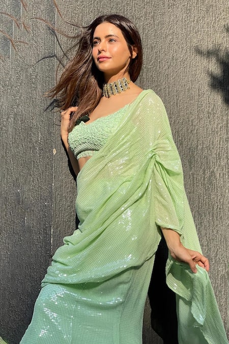 Premya By Manishii Sequin Embroidered Saree With Blouse 