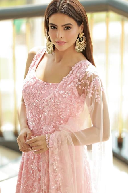 Buy_Premya By Manishii_Peach Tulle Sequins, Beads, Cut Work, Embroidery Scoop Floral Kurta Skirt Set _Online_at_Aza_Fashions