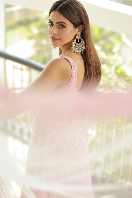 Shop_Premya By Manishii_Peach Tulle Sequins, Beads, Cut Work, Embroidery Scoop Floral Kurta Skirt Set _Online_at_Aza_Fashions