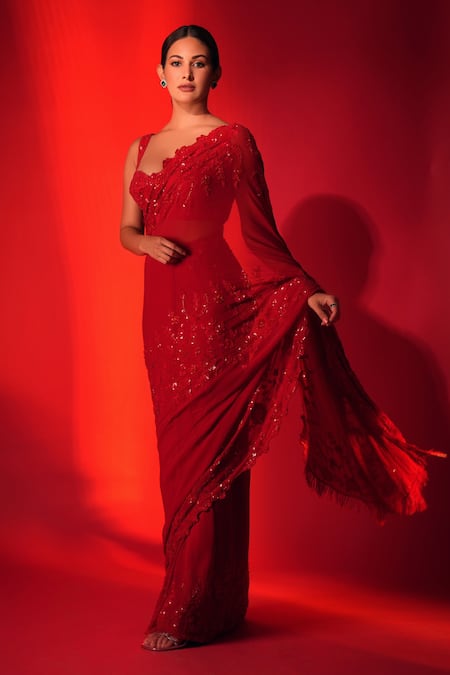 Premya By Manishii_Red Tulle Cut Work, Sequins, Floral Thread Embroidered Saree With Corset Blouse _Online_at_Aza_Fashions