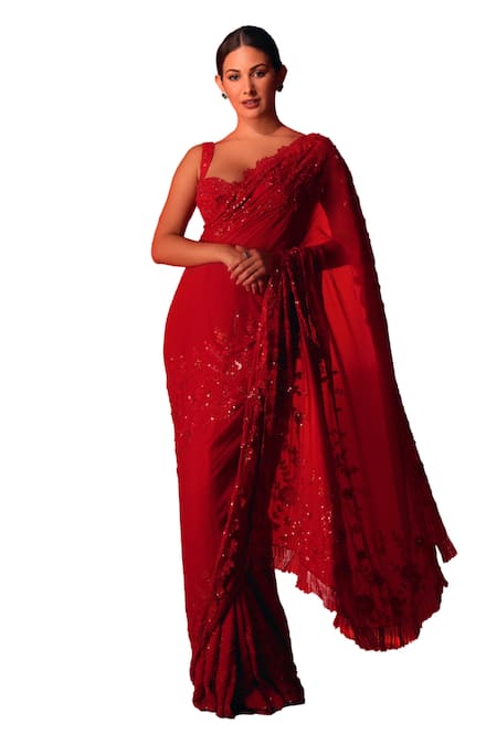 Shop_Premya By Manishii_Red Tulle Cut Work, Sequins, Floral Thread Embroidered Saree With Corset Blouse _Online_at_Aza_Fashions