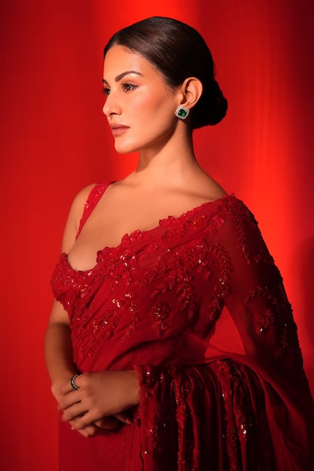 Premya By Manishii_Red Tulle Cut Work, Sequins, Floral Thread Embroidered Saree With Corset Blouse _at_Aza_Fashions