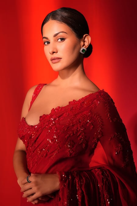 Buy_Premya By Manishii_Red Tulle Cut Work, Sequins, Floral Thread Embroidered Saree With Corset Blouse 