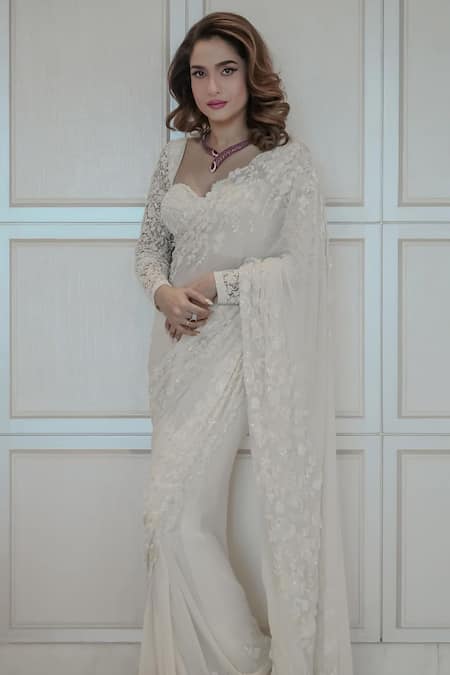 Premya By Manishii White Tulle Embroidery Sequin Sweetheart Neck Abstract Saree With Corset Blouse