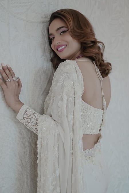 Buy_Premya By Manishii_White Organza, Tulle Sequins, Cut Abstract Embroidered Saree With Corset Blouse _Online_at_Aza_Fashions