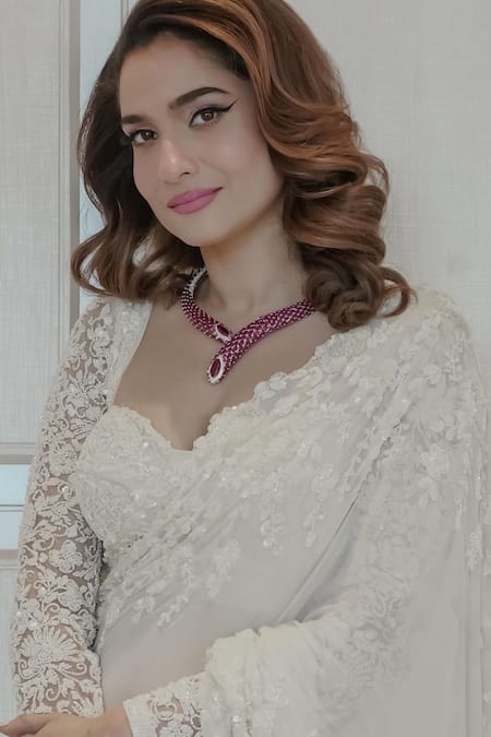 Shop_Premya By Manishii_White Organza, Tulle Sequins, Cut Abstract Embroidered Saree With Corset Blouse _Online_at_Aza_Fashions