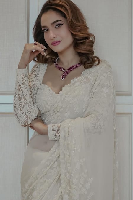 Buy_Premya By Manishii_White Organza, Tulle Sequins, Cut Abstract Embroidered Saree With Corset Blouse 