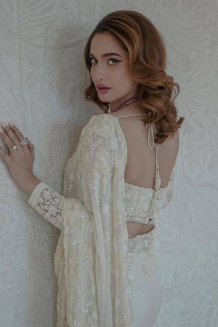 Shop_Premya By Manishii_White Organza, Tulle Sequins, Cut Abstract Embroidered Saree With Corset Blouse 