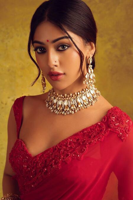 Buy_Premya By Manishii_Red Georgette, Tulle Paisley Border Embroidered Saree With Corset Blouse 