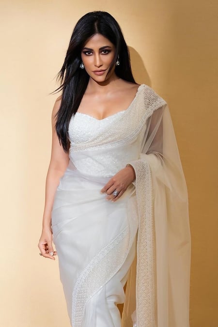 Buy_Premya By Manishii_White Organza, Tulle Pearls, Border Embroidered Saree With Corset Blouse _Online_at_Aza_Fashions