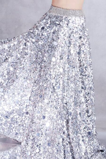 Premya By Manishii_Silver Satin, Tulle Sequins, Stones Plunge Neck Embroidered Lehenga And Blouse Set _Online_at_Aza_Fashions