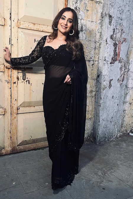 Shop_Premya By Manishii_Black Georgette, Tulle Sequins, Scallop Border Embroidered Saree With Blouse _Online_at_Aza_Fashions