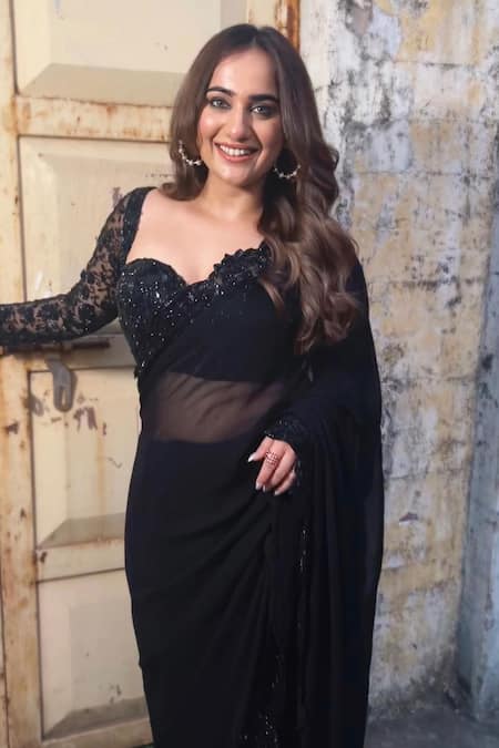 Premya By Manishii_Black Georgette, Tulle Sequins, Scallop Border Embroidered Saree With Blouse _at_Aza_Fashions