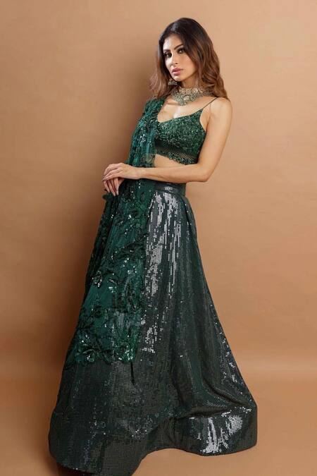 Premya By Manishii_Green Tulle, Georgette Sequins, Beads, Cut Work Boat Neck Lehenga Set _Online_at_Aza_Fashions