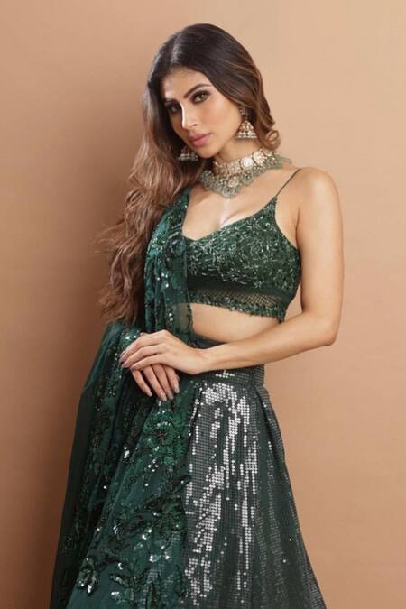 Buy_Premya By Manishii_Green Tulle, Georgette Sequins, Beads, Cut Work Boat Neck Lehenga Set _Online_at_Aza_Fashions
