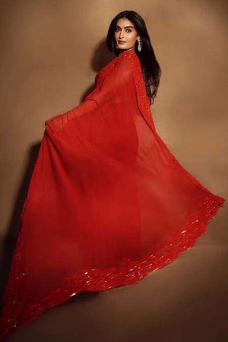Premya By Manishii_Red Georgette, Tulle Beads, Sequins V-neck Paisley Embroidered Saree With Blouse _at_Aza_Fashions
