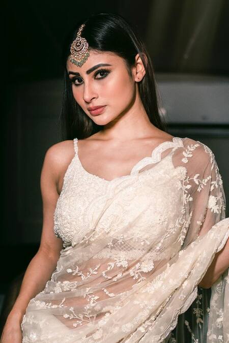 Shop_Premya By Manishii_White Tulle Cut Work, Sequins, Beads Flower Jaal Embroidered Saree With Blouse _Online_at_Aza_Fashions