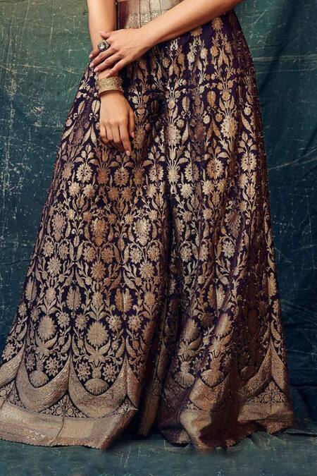 Shop Premya By Manishii Purple Silk Sequins, Cut Work, Embroidery Floral Woven Blouse And Flared Pant Set Online at Aza Fashions Shop_Premya By Manishii_Purple Silk Sequins, Cut Work, Embroidery Floral Woven Blouse And Flared Pant Set _Online_at_Aza_Fashions