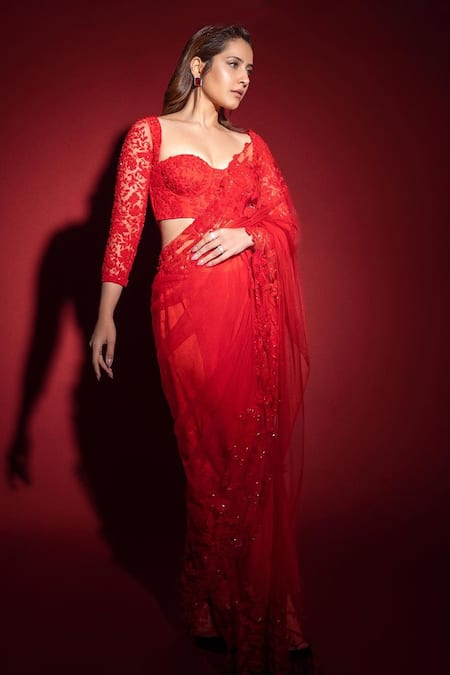 Premya By Manishii Red Tulle Embroidery Sequin Sweetheart Floral Hand Saree With Corset Blouse 