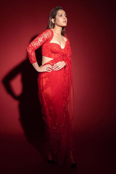 Shop_Premya By Manishii_Red Tulle Sequins, Beads Floral Hand Embroidered Saree With Corset Blouse _Online_at_Aza_Fashions