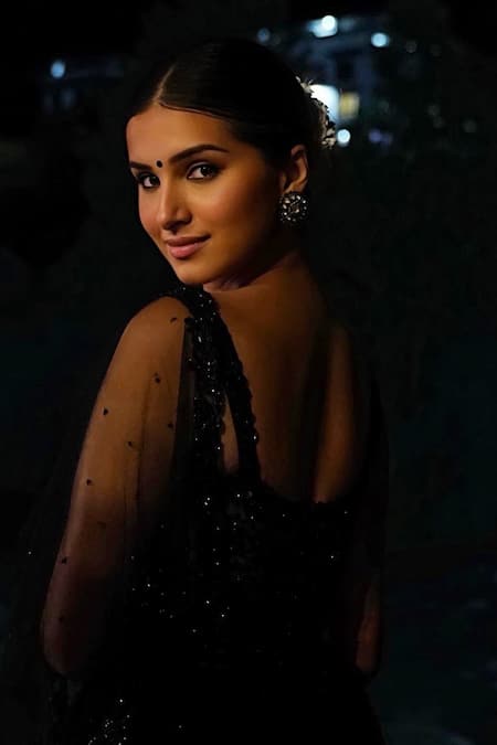 Premya By Manishii_Black Tulle Sequins, Beads V-neck Embroidered Saree With Blouse _Online_at_Aza_Fashions