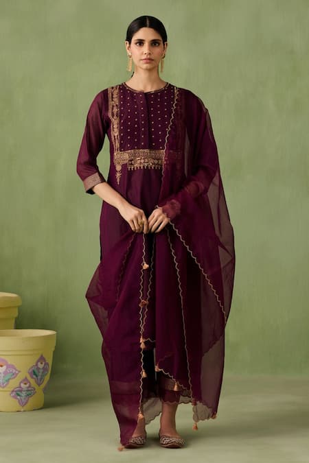 Sureena Chowdhri Wine Kurta And Palazzo Silk Chanderi Embroidered Antique Thread Mughal Jaal Set 