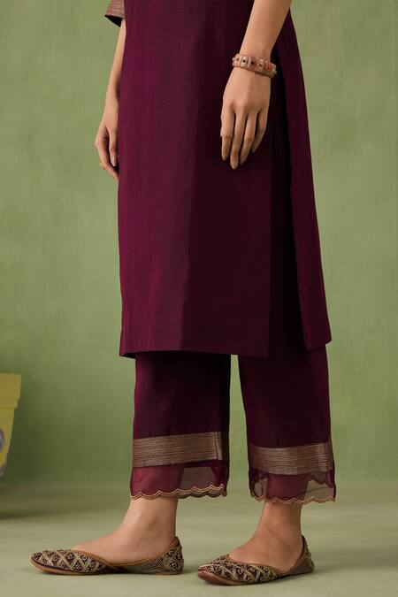 Sureena Chowdhri_Wine Silk, Chanderi, Organza Beads Round Neck Mughal Jaal Kurta Set_at_Aza_Fashions
