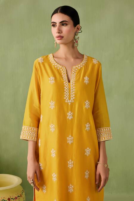 Sureena Chowdhri Yellow Organza, Silk, Chanderi Sequins, Pearls, Breeze Work Kurta Set Online at Aza Fashions Sureena Chowdhri_Yellow Organza, Silk, Chanderi Sequins, Pearls, Breeze Work Kurta Set_Online_at_Aza_Fashions