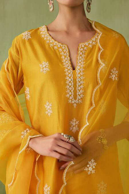 Shop Sureena Chowdhri Yellow Organza, Silk, Chanderi Sequins, Pearls, Breeze Work Kurta Set Online at Aza Fashions Shop_Sureena Chowdhri_Yellow Organza, Silk, Chanderi Sequins, Pearls, Breeze Work Kurta Set_Online_at_Aza_Fashions