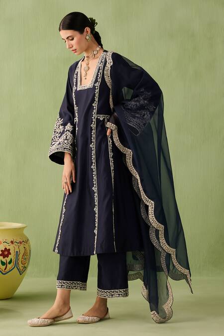 Sureena Chowdhri Blue Silk, Organza, Chanderi Pearls, Sequins, Beads, Mirage Work Kurta Set Online at Aza Fashions Sureena Chowdhri_Blue Silk, Organza, Chanderi Pearls, Sequins, Beads, Mirage Work Kurta Set_Online_at_Aza_Fashions