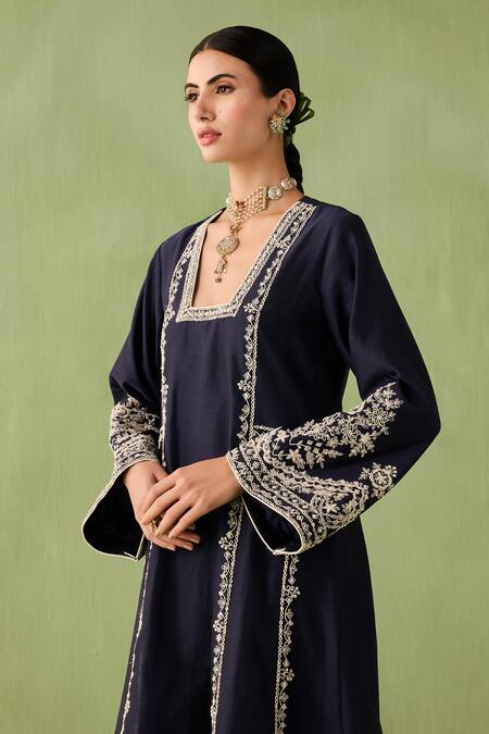 Shop Sureena Chowdhri Blue Silk, Organza, Chanderi Pearls, Sequins, Beads, Mirage Work Kurta Set Online at Aza Fashions Shop_Sureena Chowdhri_Blue Silk, Organza, Chanderi Pearls, Sequins, Beads, Mirage Work Kurta Set_Online_at_Aza_Fashions