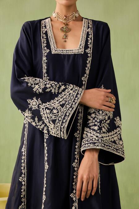 Sureena Chowdhri Blue Silk, Organza, Chanderi Pearls, Sequins, Beads, Mirage Work Kurta Set at Aza Fashions Sureena Chowdhri_Blue Silk, Organza, Chanderi Pearls, Sequins, Beads, Mirage Work Kurta Set_at_Aza_Fashions