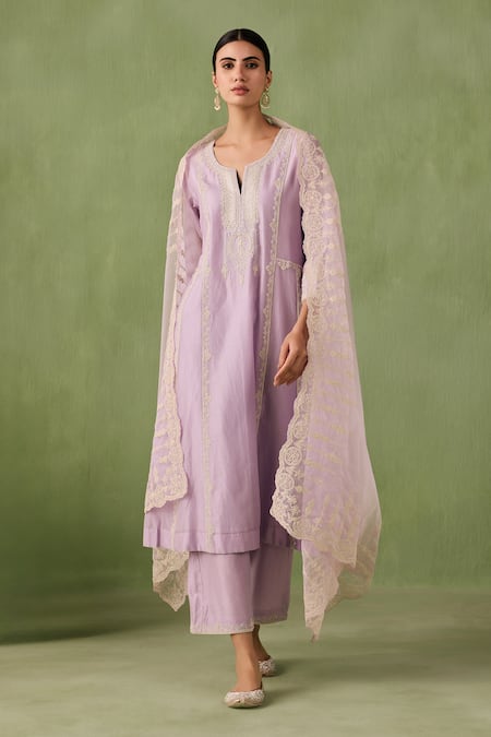 Sureena Chowdhri Purple Silk Chanderi Embroidered Pearl Notched Fun In The Sun Kurta Set
