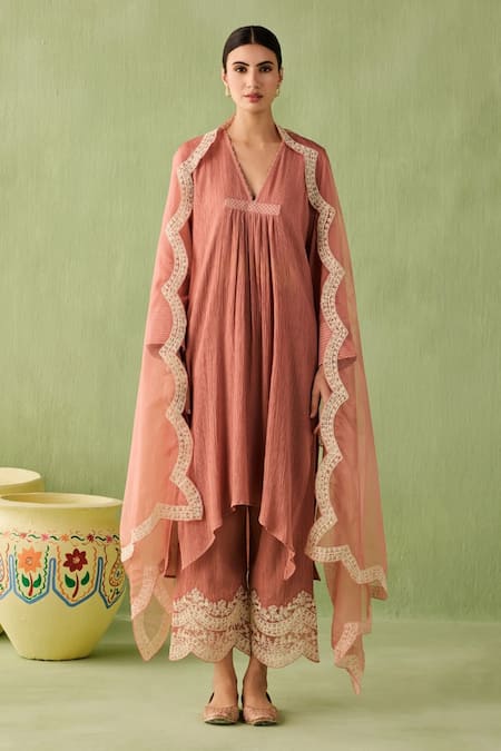 Sureena Chowdhri_Brown Organza, Cotton Beads, Embroidery Front Pleated Asymmetric Kurta Set_Online_at_Aza_Fashions