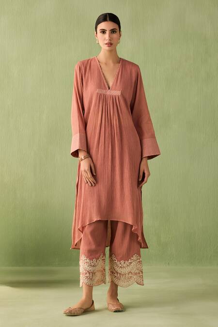 Buy_Sureena Chowdhri_Brown Organza, Cotton Beads, Embroidery Front Pleated Asymmetric Kurta Set_Online_at_Aza_Fashions