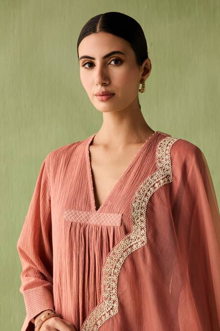 Shop_Sureena Chowdhri_Brown Organza, Cotton Beads, Embroidery Front Pleated Asymmetric Kurta Set_Online_at_Aza_Fashions