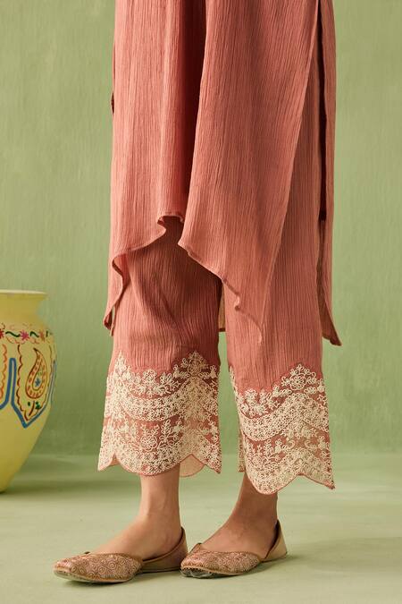 Sureena Chowdhri_Brown Organza, Cotton Beads, Embroidery Front Pleated Asymmetric Kurta Set_at_Aza_Fashions