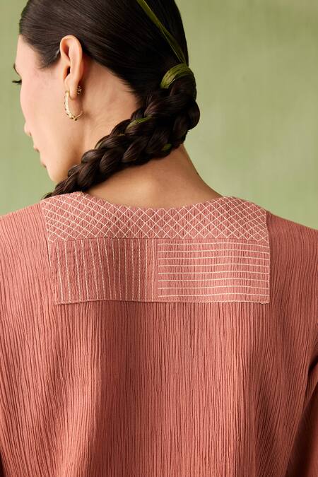 Buy_Sureena Chowdhri_Brown Organza, Cotton Beads, Embroidery Front Pleated Asymmetric Kurta Set