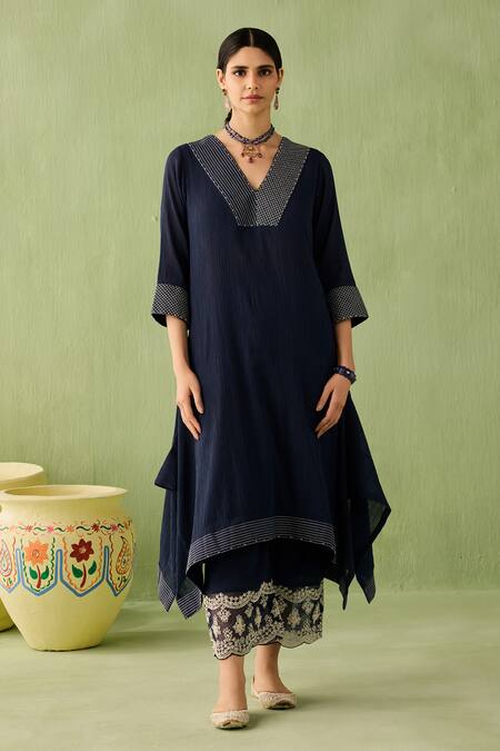 Shop Sureena Chowdhri Blue Organza, Cotton Beads, Embroidery V-neck Waterfall Hemline Kurta Set at Aza Fashions Shop_Sureena Chowdhri_Blue Organza, Cotton Beads, Embroidery V-neck Waterfall Hemline Kurta Set_at_Aza_Fashions
