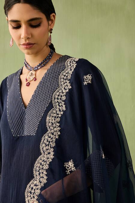 Buy Sureena Chowdhri Blue Organza, Cotton Beads, Embroidery V-neck Waterfall Hemline Kurta Set Online at Aza Fashions Buy_Sureena Chowdhri_Blue Organza, Cotton Beads, Embroidery V-neck Waterfall Hemline Kurta Set_Online_at_Aza_Fashions