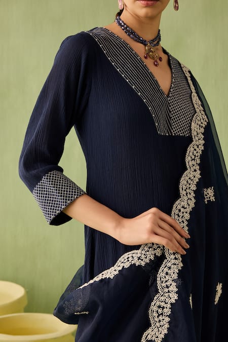 Shop Sureena Chowdhri Blue Organza, Cotton Beads, Embroidery V-neck Waterfall Hemline Kurta Set Online at Aza Fashions Shop_Sureena Chowdhri_Blue Organza, Cotton Beads, Embroidery V-neck Waterfall Hemline Kurta Set_Online_at_Aza_Fashions